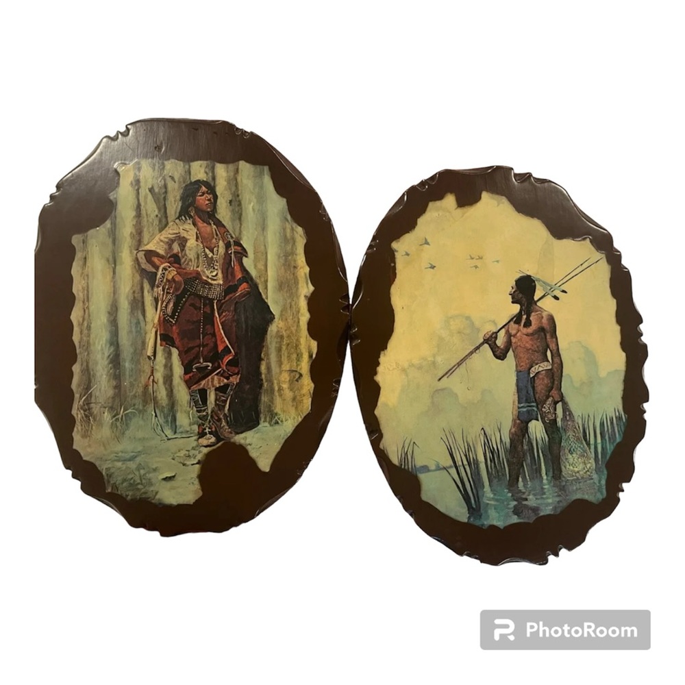 2 Vintage Native American Faux Wood Plagues Collectibles By Valley National Bank